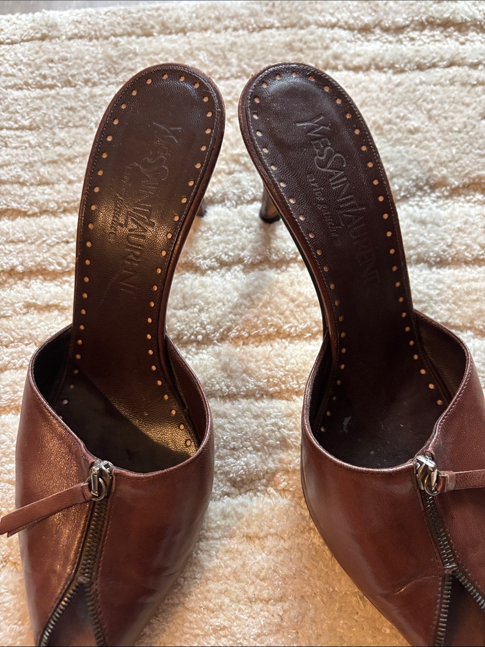 Yves Saint Laurent Brown Leather Zip-Front Mule Heels